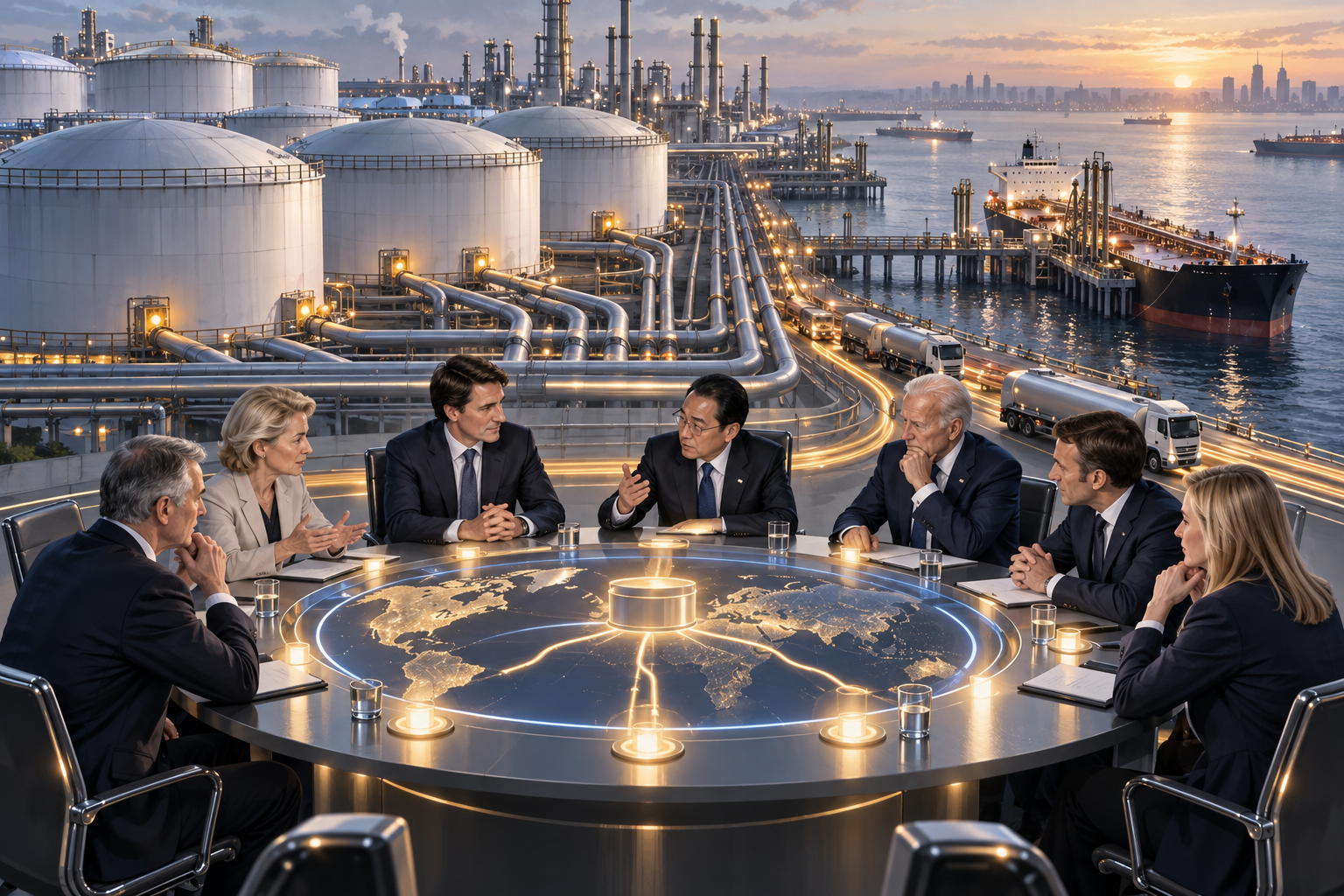 Editorial illustration of G7 representatives coordinating an emergency fuel release beside strategic storage tanks, pipelines and tankers