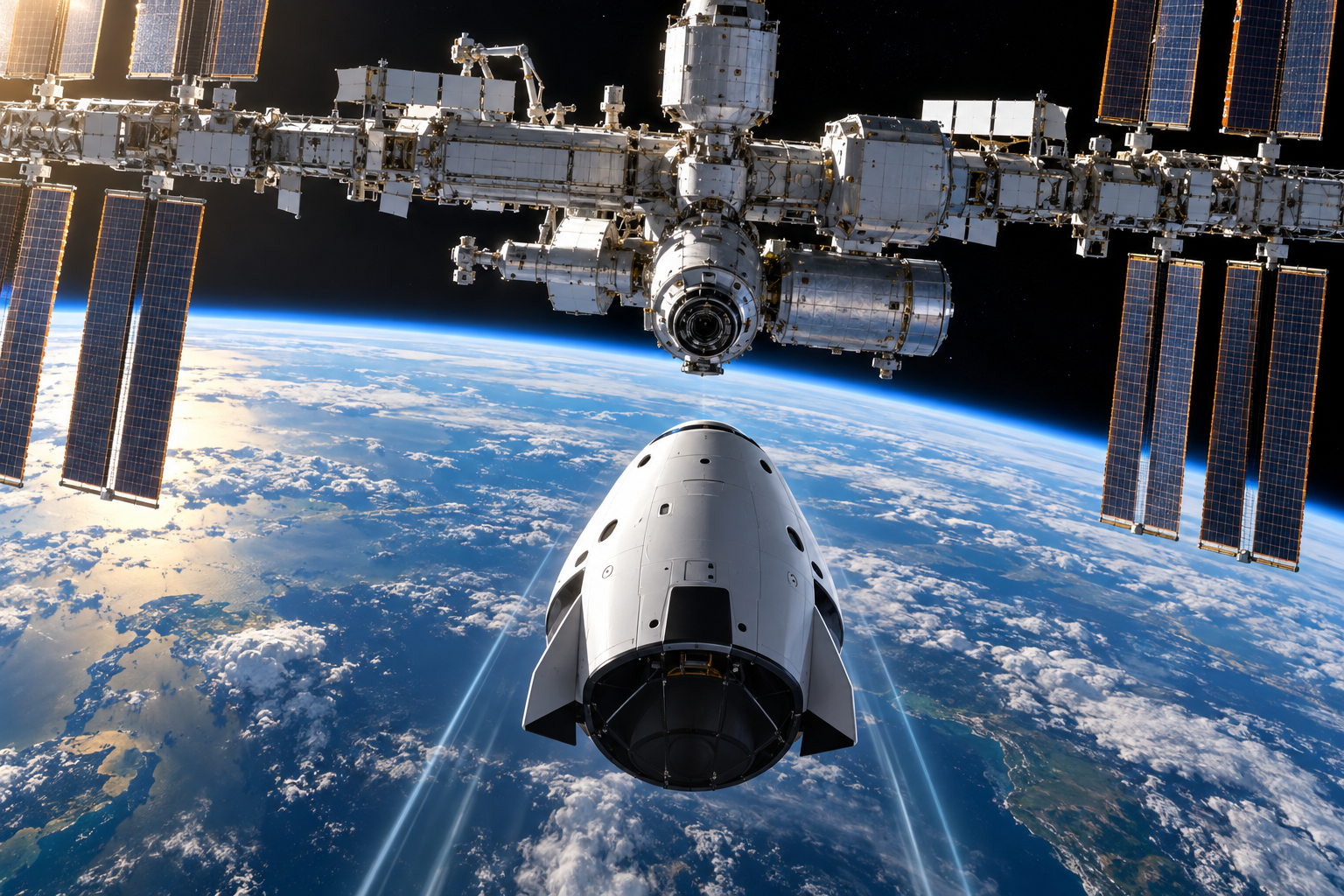 Editorial illustration of a crew capsule approaching the International Space Station above Earth's curved horizon