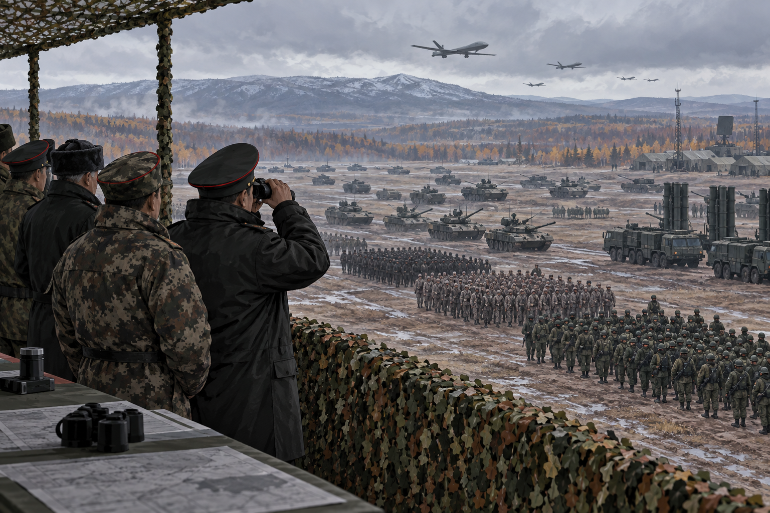 Editorial illustration of commanders observing multinational military formations, armored vehicles and drones at a cold Ural training ground