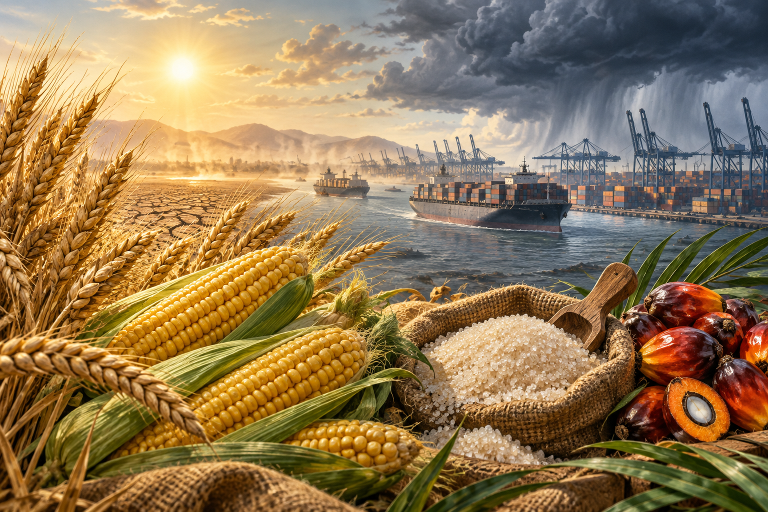 Editorial illustration of wheat, maize, sugar and palm fruit beside cargo ships moving through a port under difficult weather