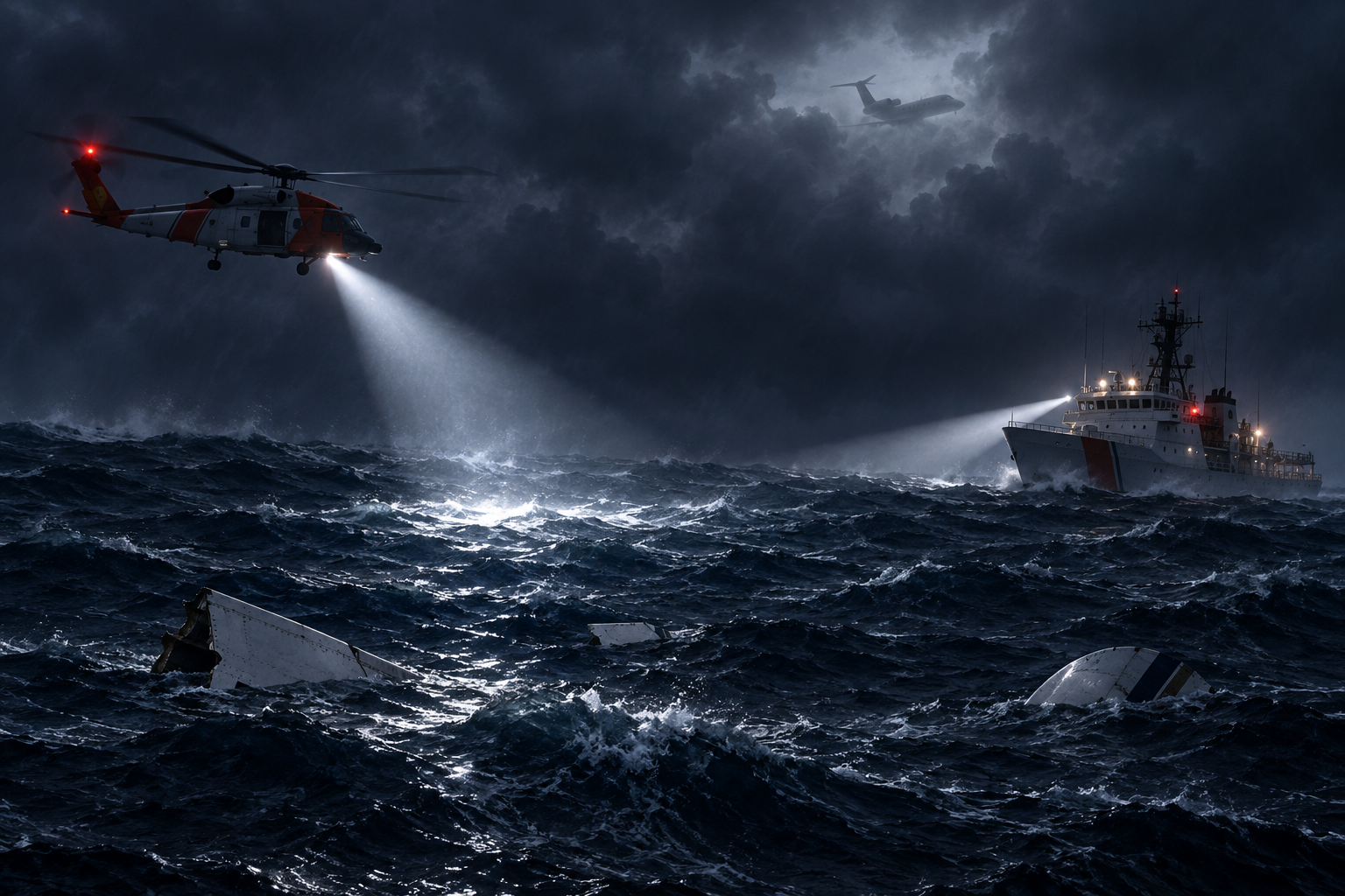 Editorial illustration of aircraft debris at sea while a rescue helicopter and cutter search stormy water near Nantucket