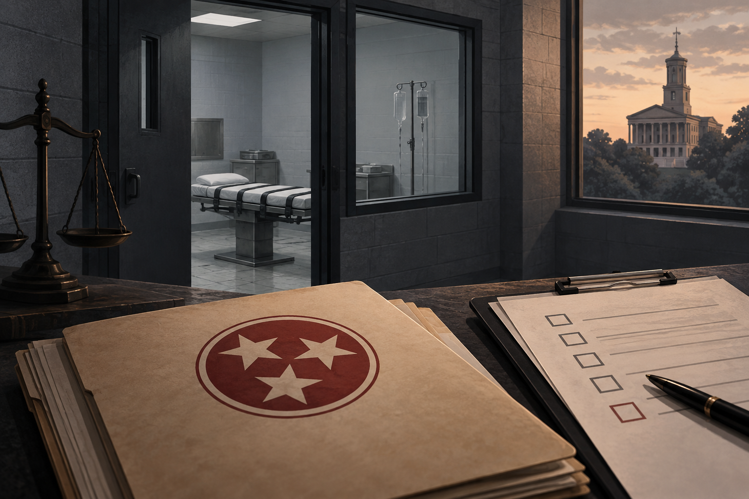 Editorial illustration of an empty execution room, an official review file and the Tennessee State Capitol representing government accountability