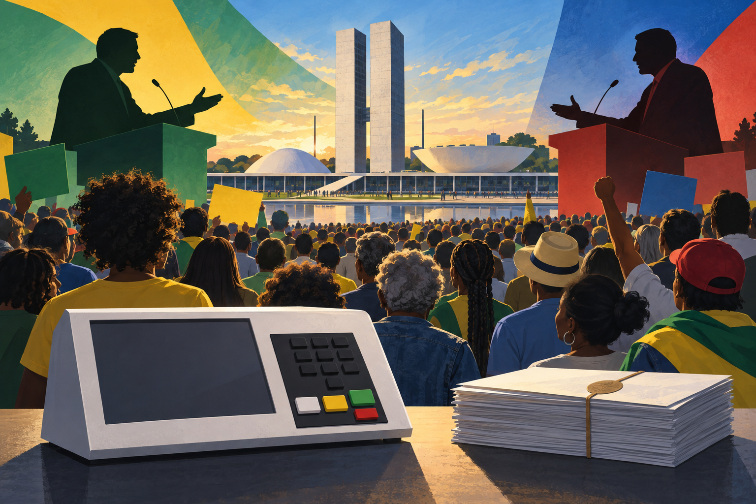 Editorial illustration of Brazilian voters, an electronic ballot machine and rival candidate silhouettes outside the National Congress in Brasilia