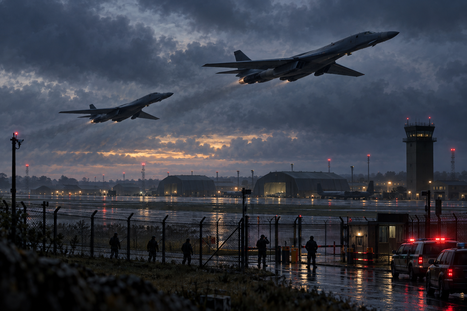 Editorial illustration of two long-range bombers leaving a rain-darkened British air base while security teams inspect the perimeter