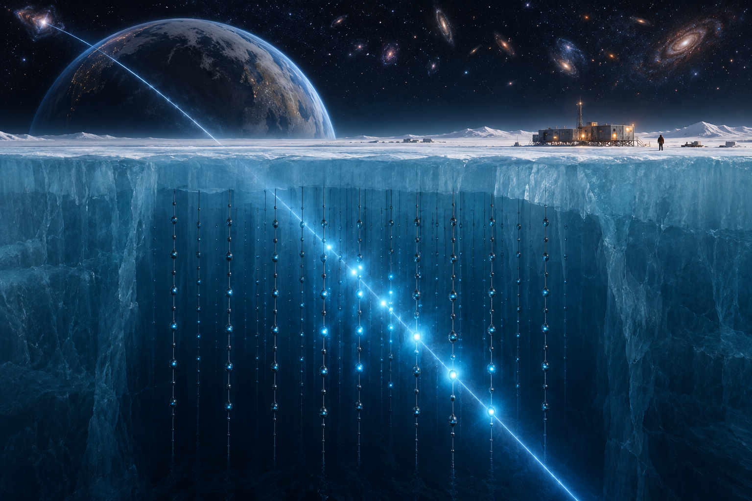 Editorial cutaway illustration of the IceCube neutrino detector glowing deep beneath Antarctic ice as a cosmic particle passes through