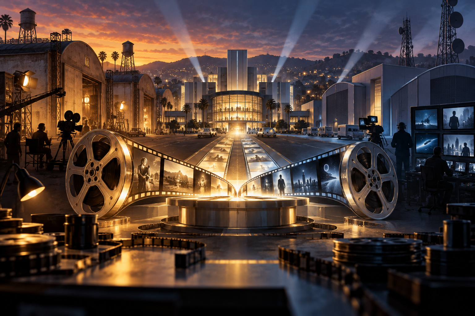 Editorial illustration of two Hollywood studio districts and film reels converging into one modern production campus