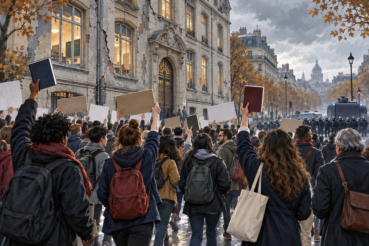 Editorial illustration of students, parents and teachers marching with blank signs outside an aging French school as police remain in the distance