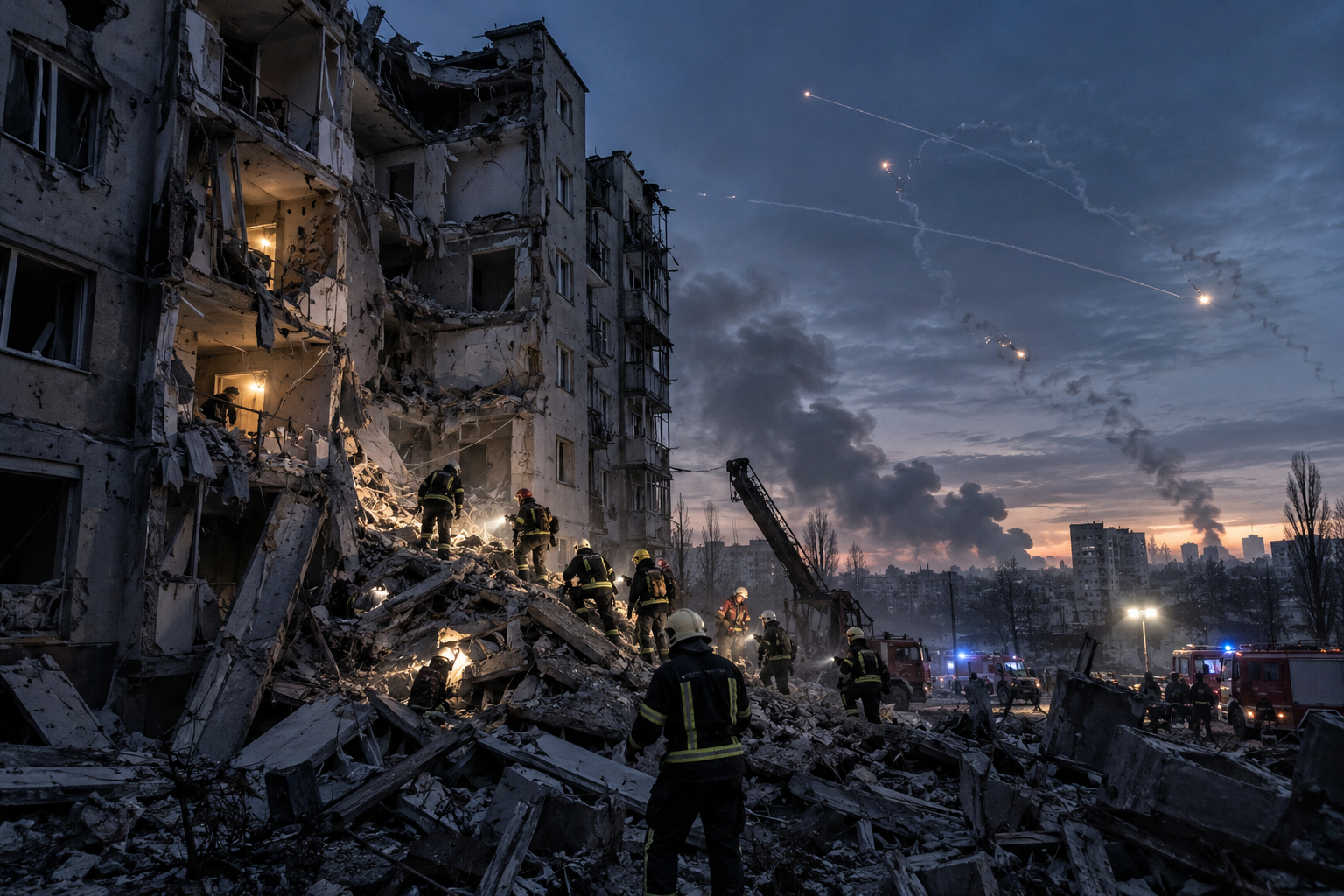 Editorial illustration of rescue crews searching a damaged Ukrainian apartment building at dawn beneath defensive interceptor trails
