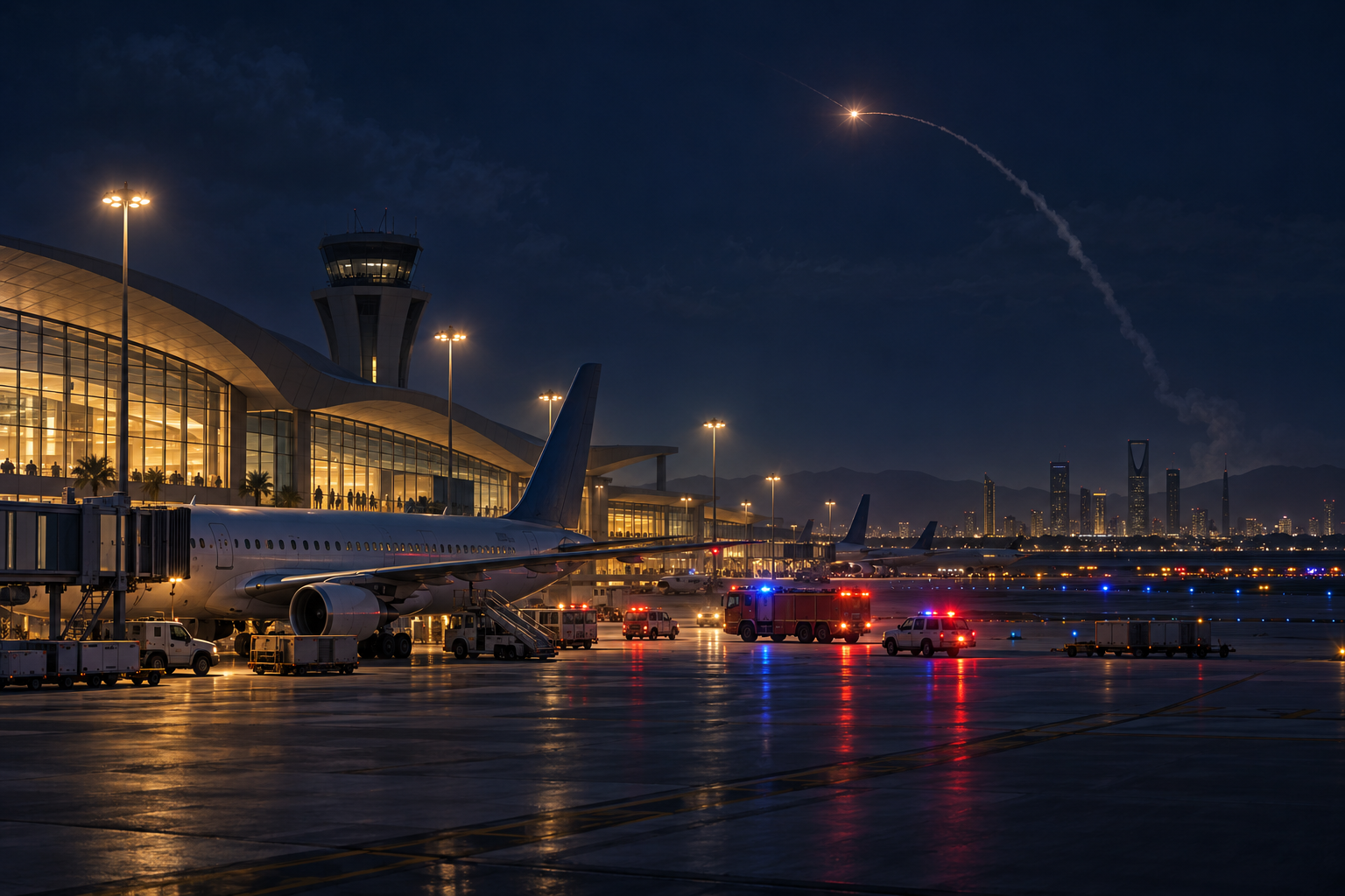 Editorial illustration of emergency vehicles responding at a modern Gulf airport beneath a defensive interception trail at night
