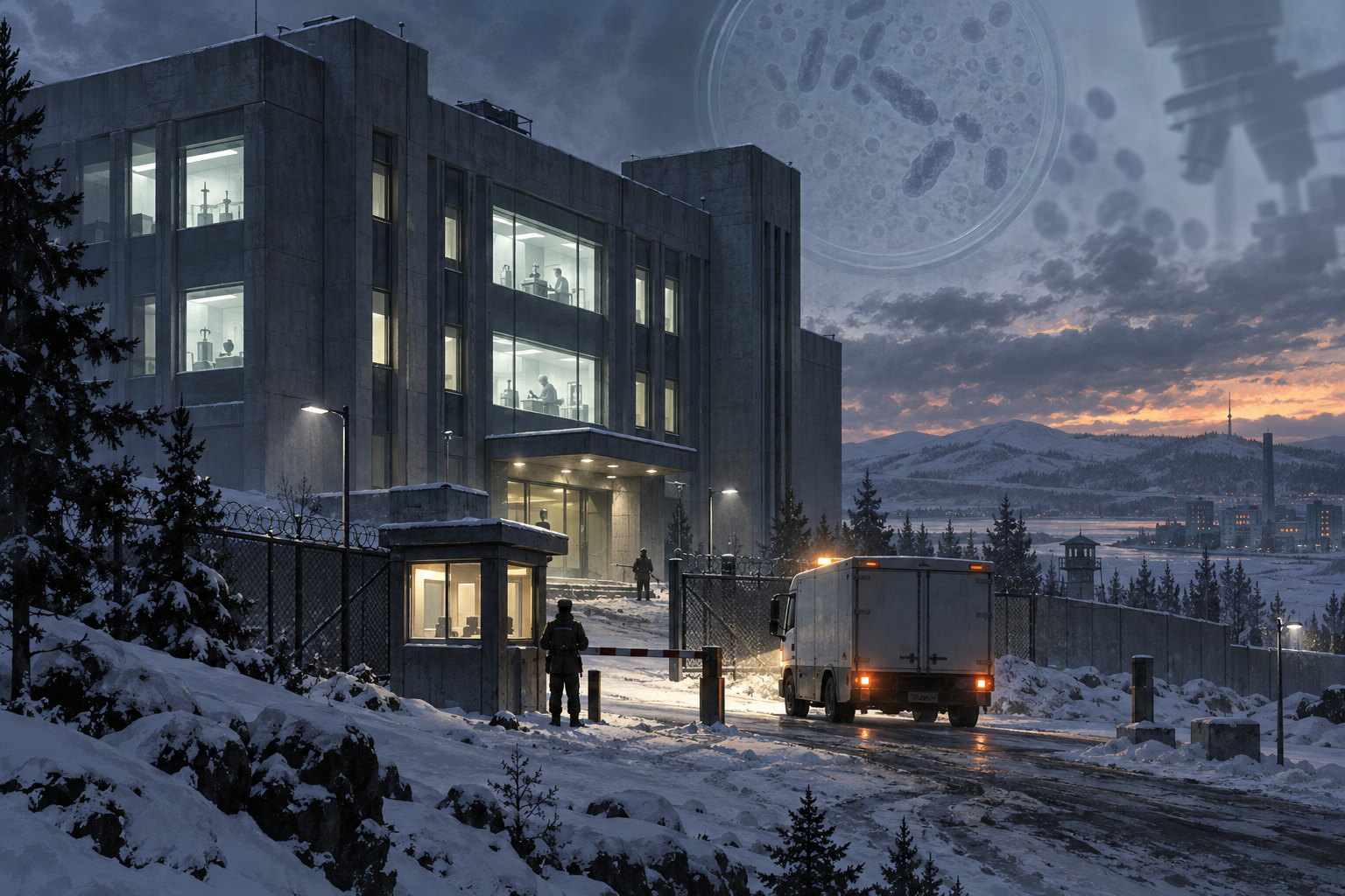 Editorial illustration of an isolated Siberian biomedical institute under guard at winter dusk with subtle laboratory motifs