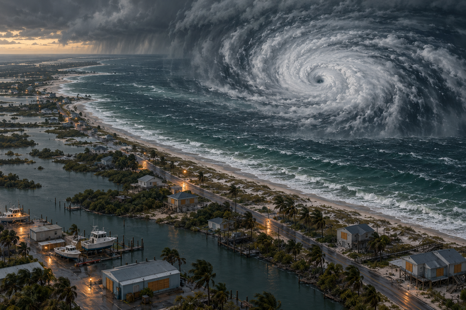 Editorial illustration of a powerful hurricane approaching an exposed Gulf Coast community as residents prepare