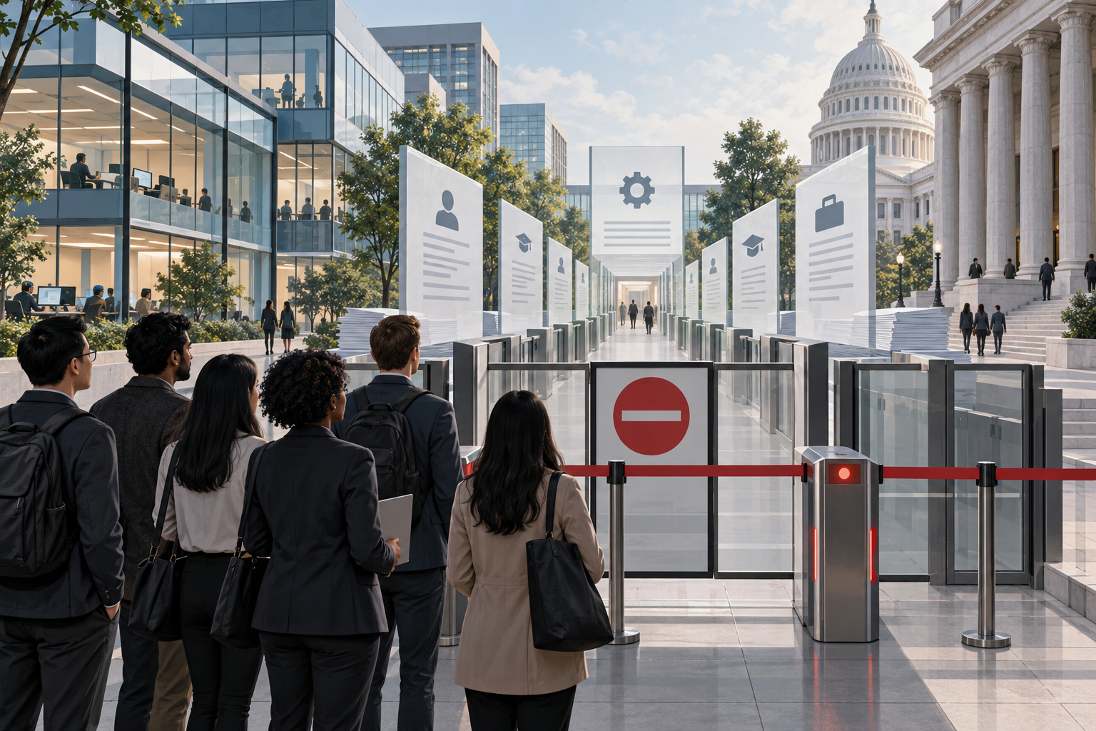 Editorial illustration of skilled technology workers facing a closed administrative gate between a modern office campus and government buildings