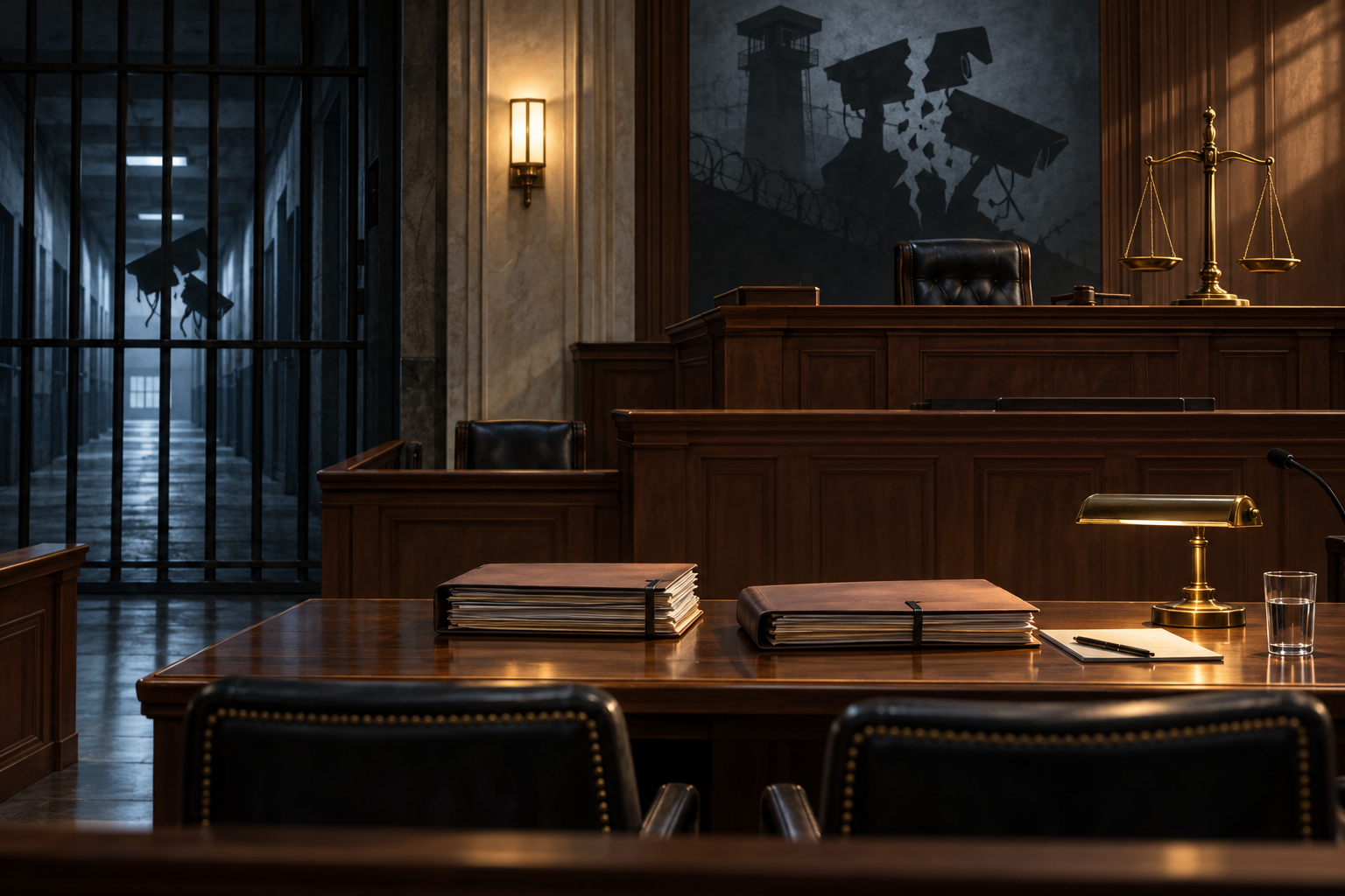 Editorial illustration of an empty federal courtroom, case files and scales of justice beside a dark barred institutional corridor