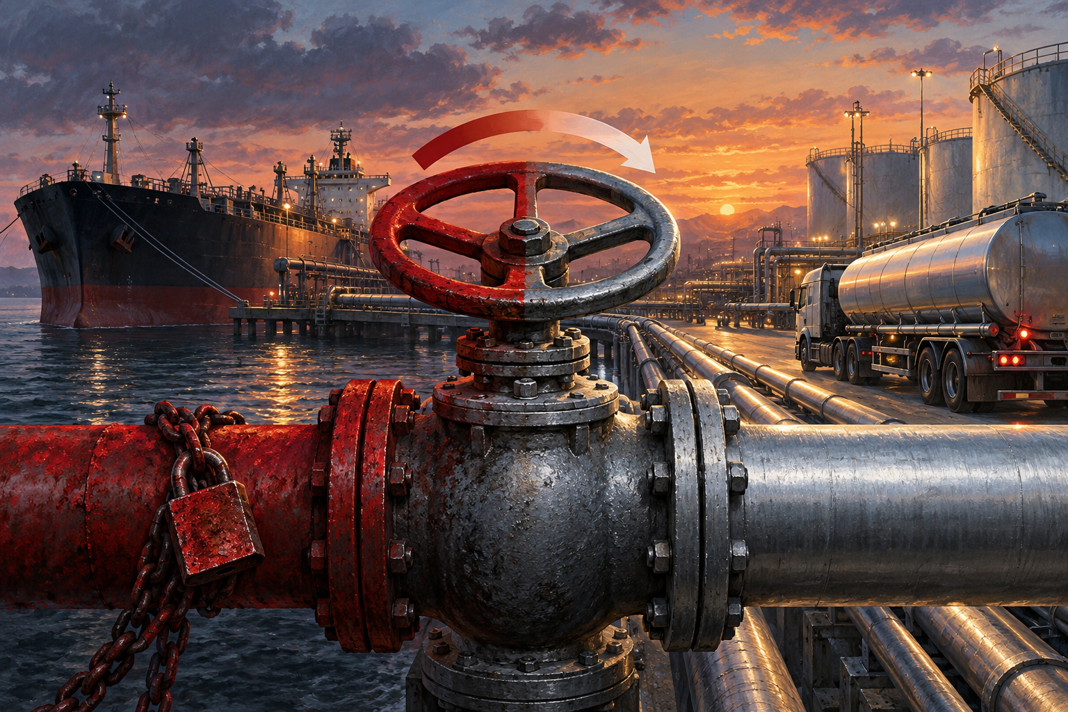 Editorial illustration of a locked fuel pipeline reopening between a tanker terminal and diesel trucks