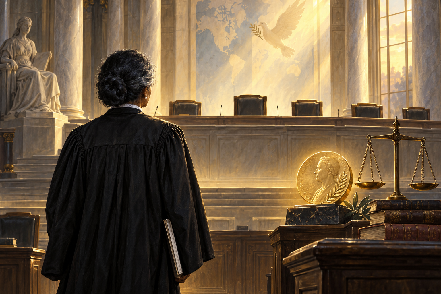 Editorial illustration of an anonymous jurist facing an international courtroom beside scales and a peace medal
