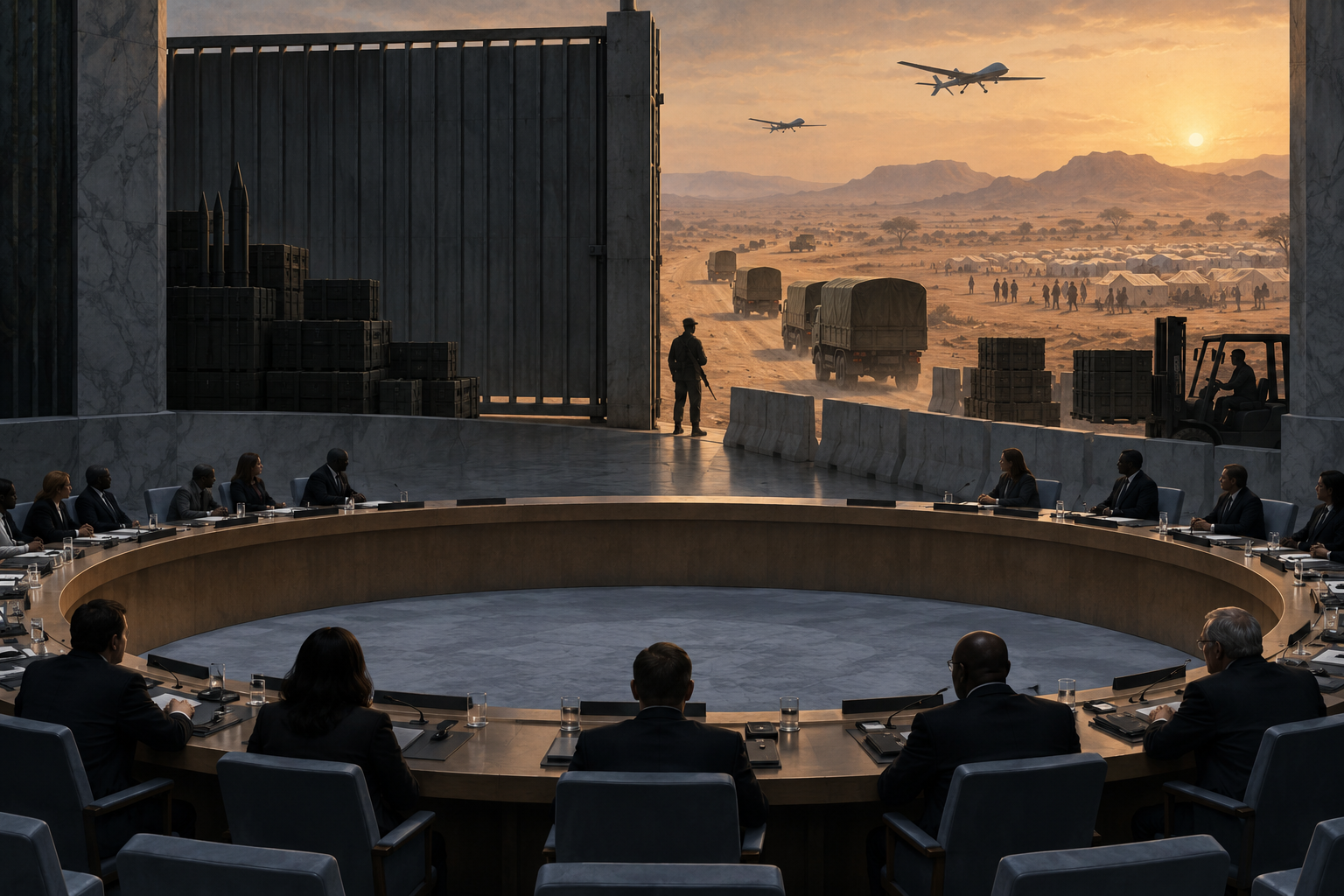Editorial illustration of a council chamber facing an open gate as military supplies move toward Sudanese displacement camps