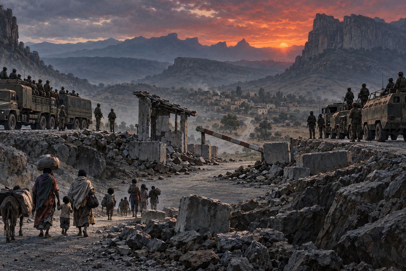 Editorial illustration of opposing military convoys at a broken mountain checkpoint as civilians leave the border area