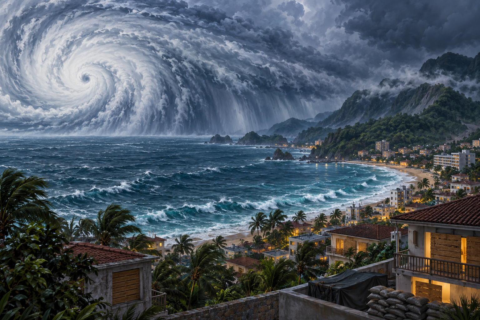 Editorial illustration of a massive hurricane approaching a prepared Pacific coast resort beneath dark storm clouds