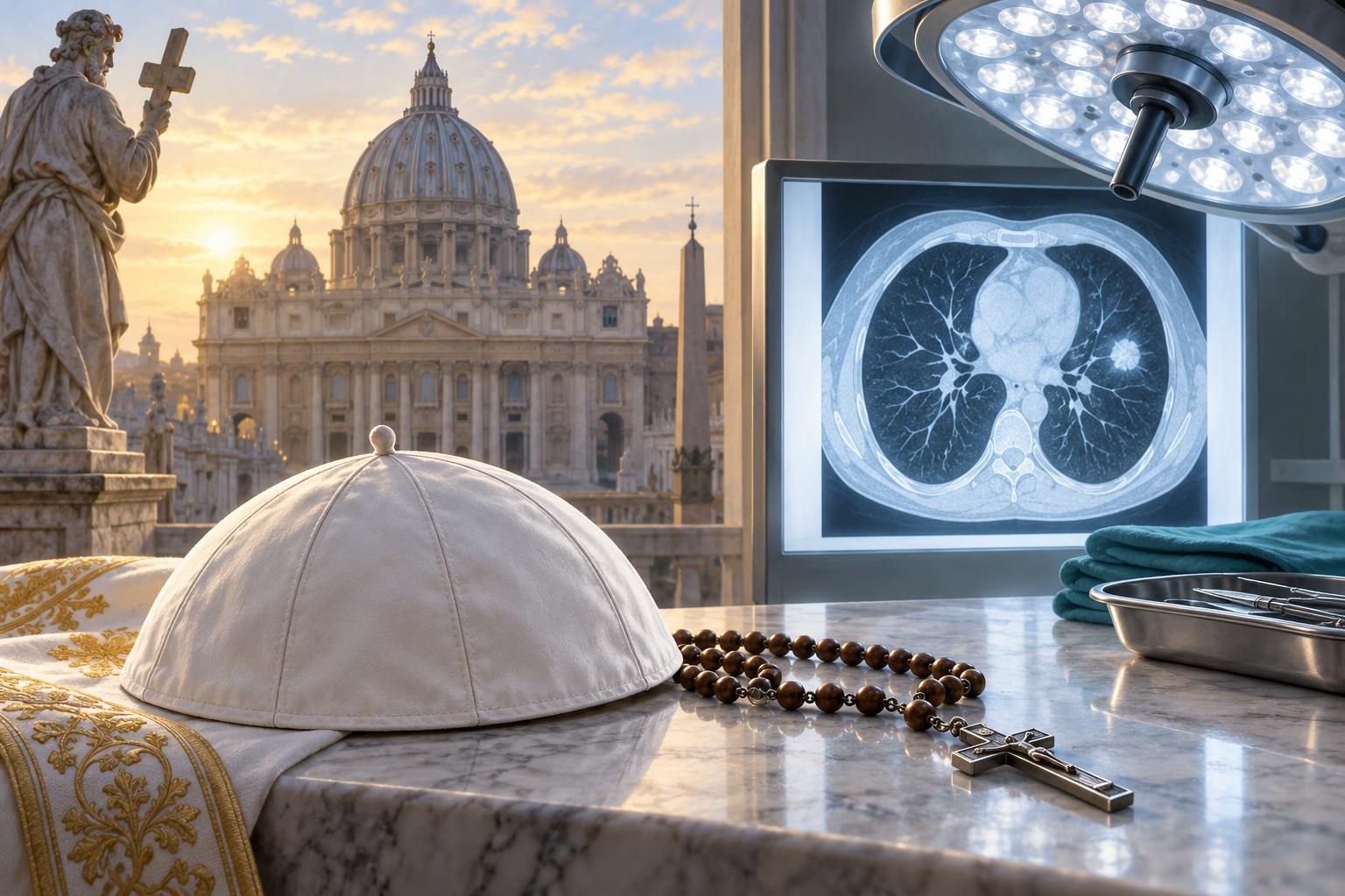 Editorial illustration combining St. Peter's Basilica, a papal skullcap, a lung scan and a surgical light