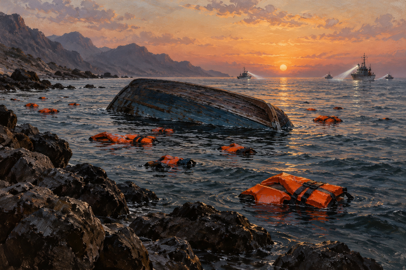 Editorial illustration of an overturned wooden boat and empty life jackets near Djibouti as rescue vessels search at dawn
