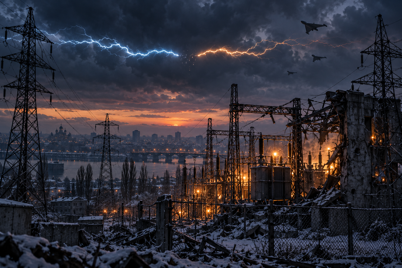 Editorial illustration of a damaged electrical substation beneath opposing currents and drones over a winter city