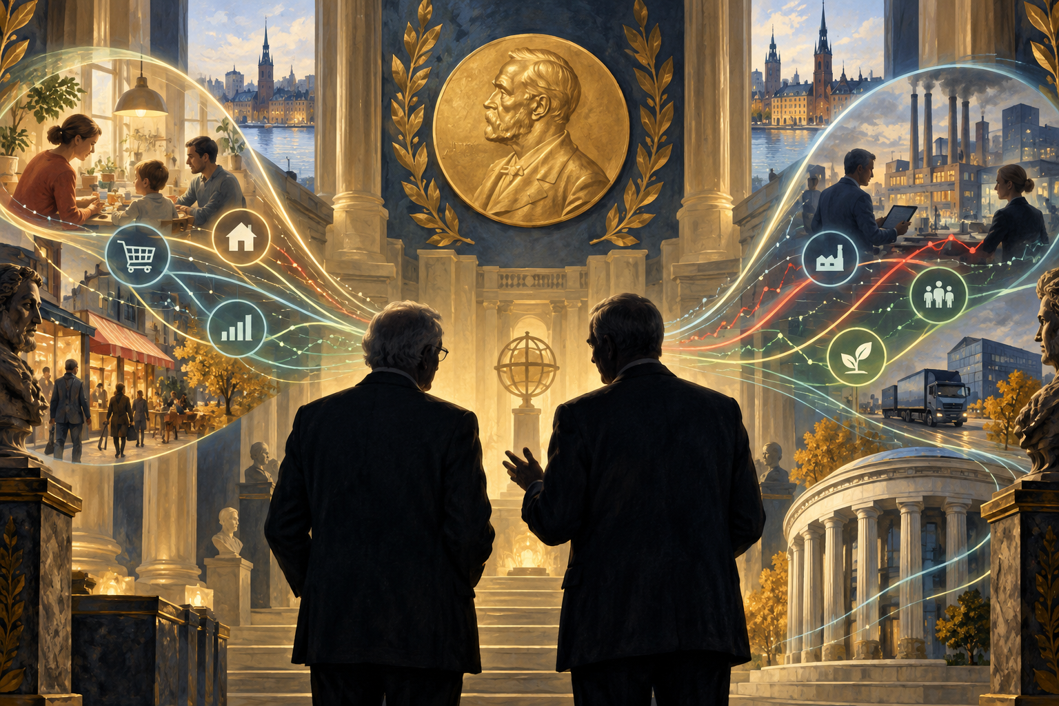 Editorial illustration of two economists viewing links between households, businesses, markets and central-bank policy