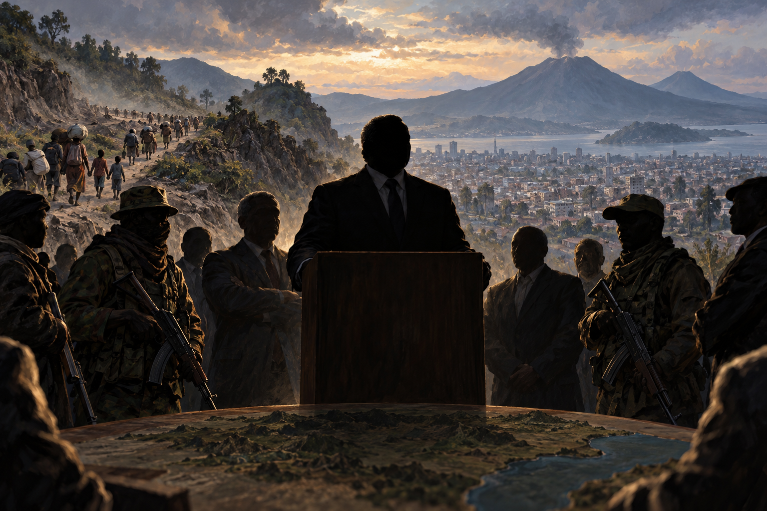 Editorial illustration of a political-military coalition forming in Goma as civilians face conflict in eastern Congo