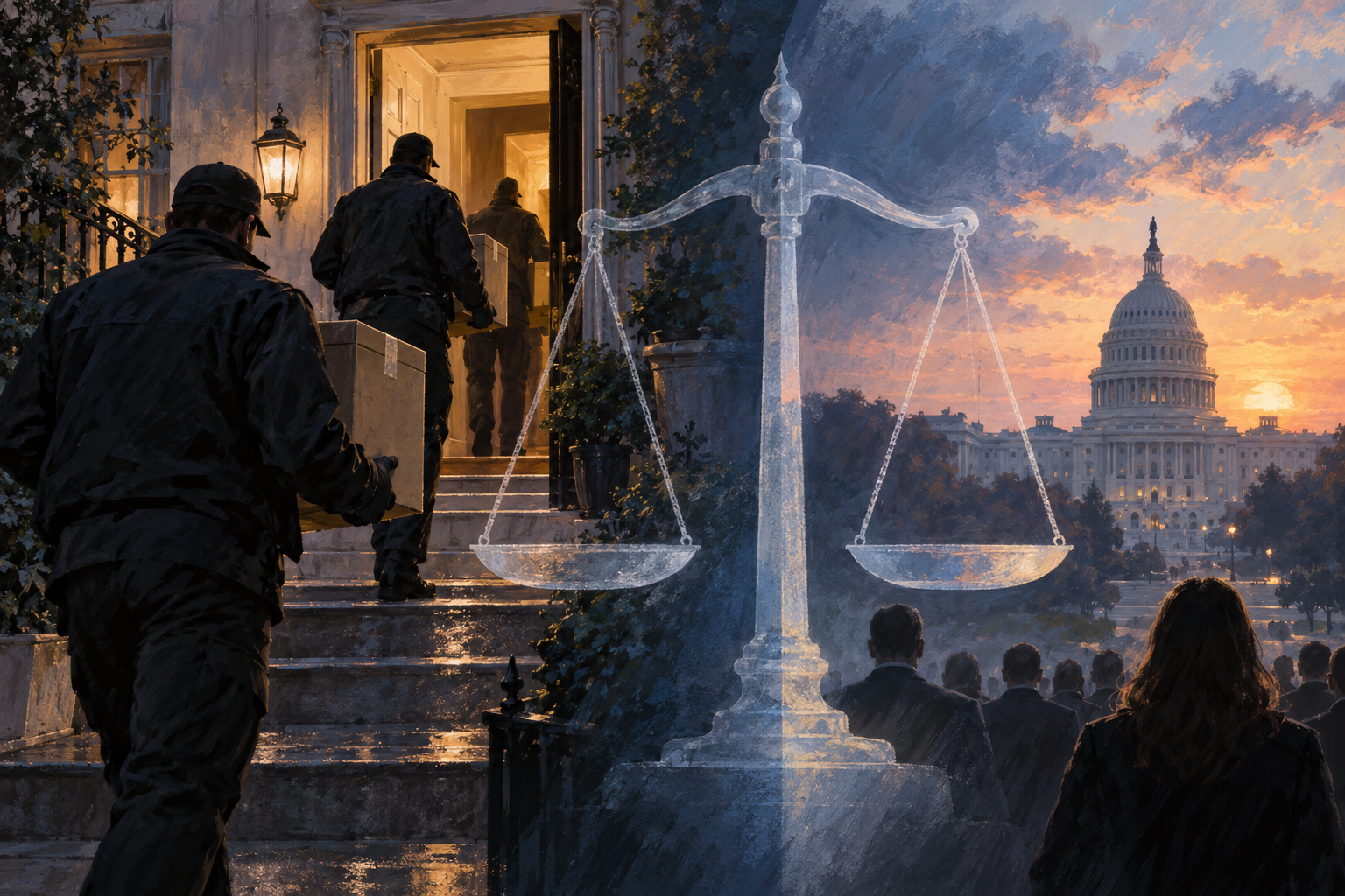 Editorial illustration of federal agents outside a Washington townhouse with the U.S. Capitol and scales of justice in the background