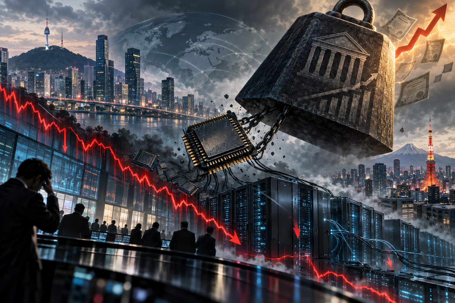 Editorial illustration of falling technology markets, semiconductor chips and data centers under the weight of higher financing costs