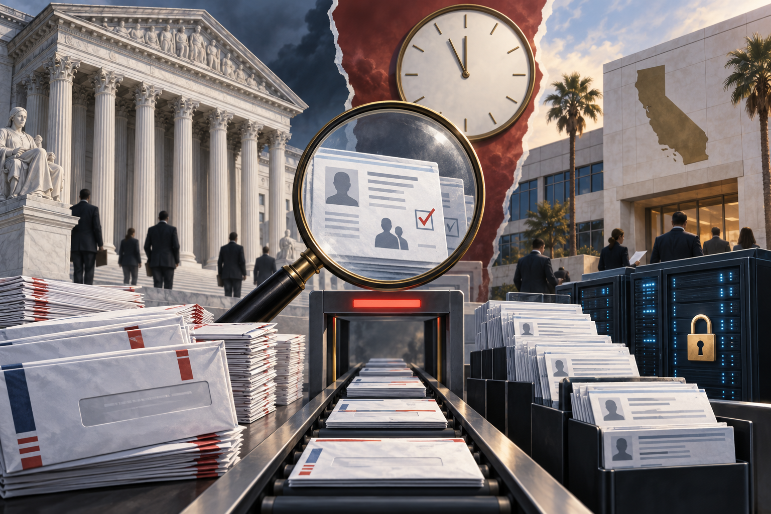 Editorial illustration of mail ballots and voter records being examined between federal and California election institutions
