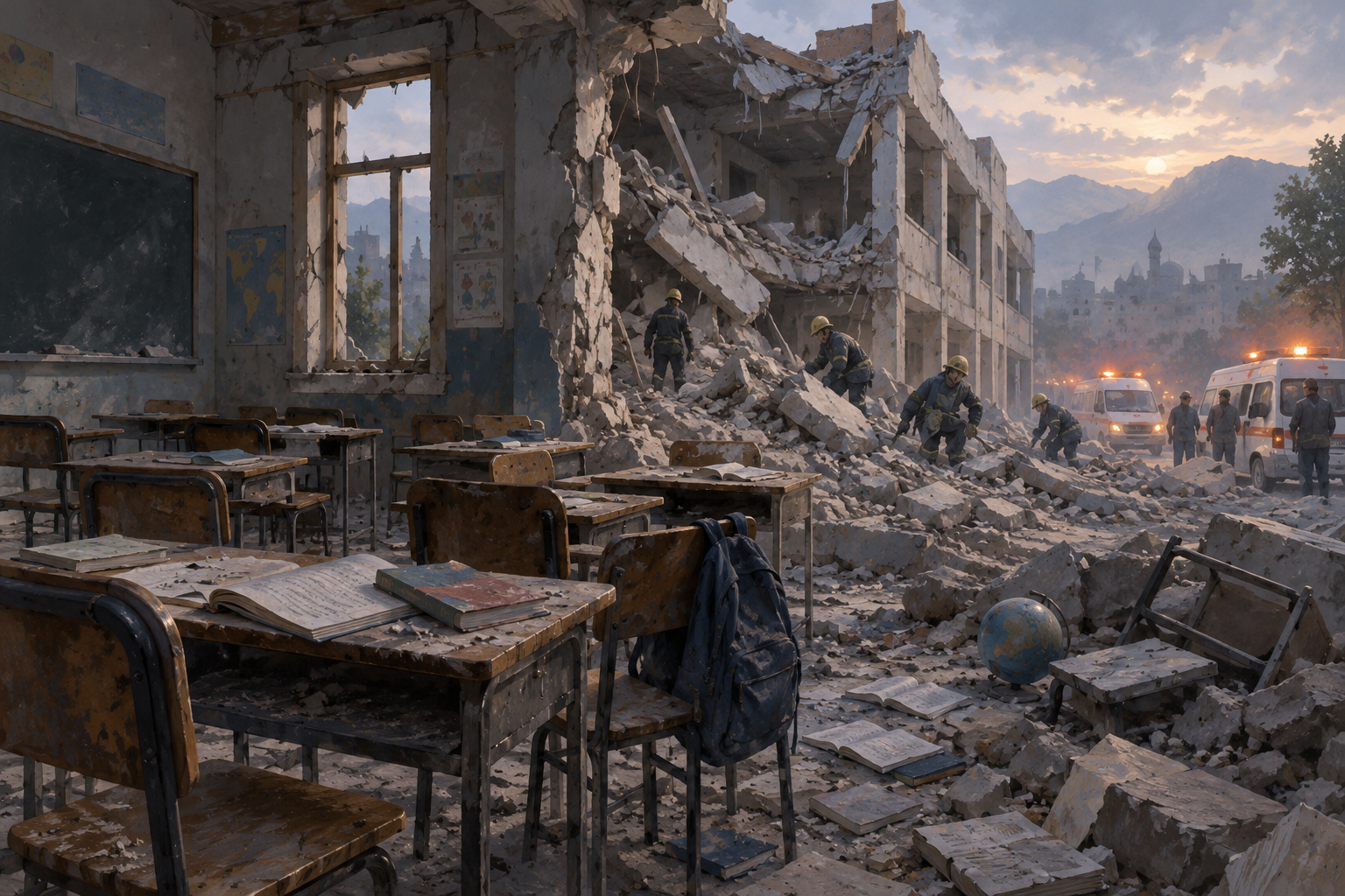 Respectful editorial illustration of rescue crews outside a damaged school with empty desks visible inside