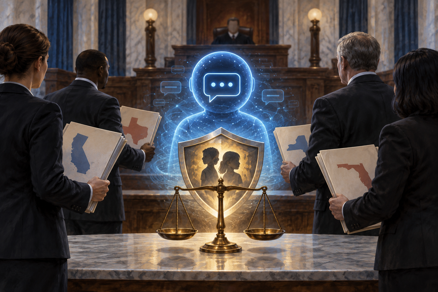 Conceptual editorial illustration of state legal officials confronting an artificial-intelligence chatbot beside child-safety and justice symbols