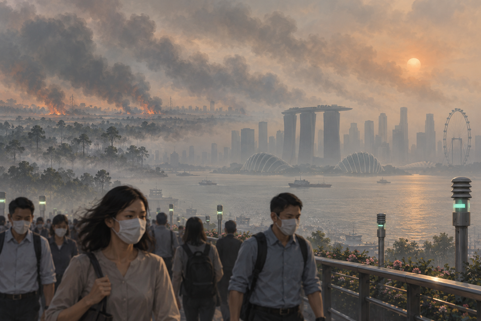 Conceptual editorial illustration of masked commuters and Singapore's skyline obscured by smoke drifting from distant forest fires