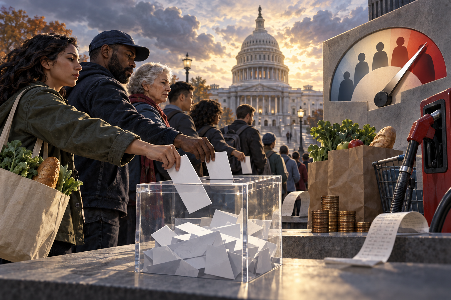 Conceptual editorial illustration of diverse American voters casting ballots beside symbols of rising grocery and fuel costs near the U.S. Capitol