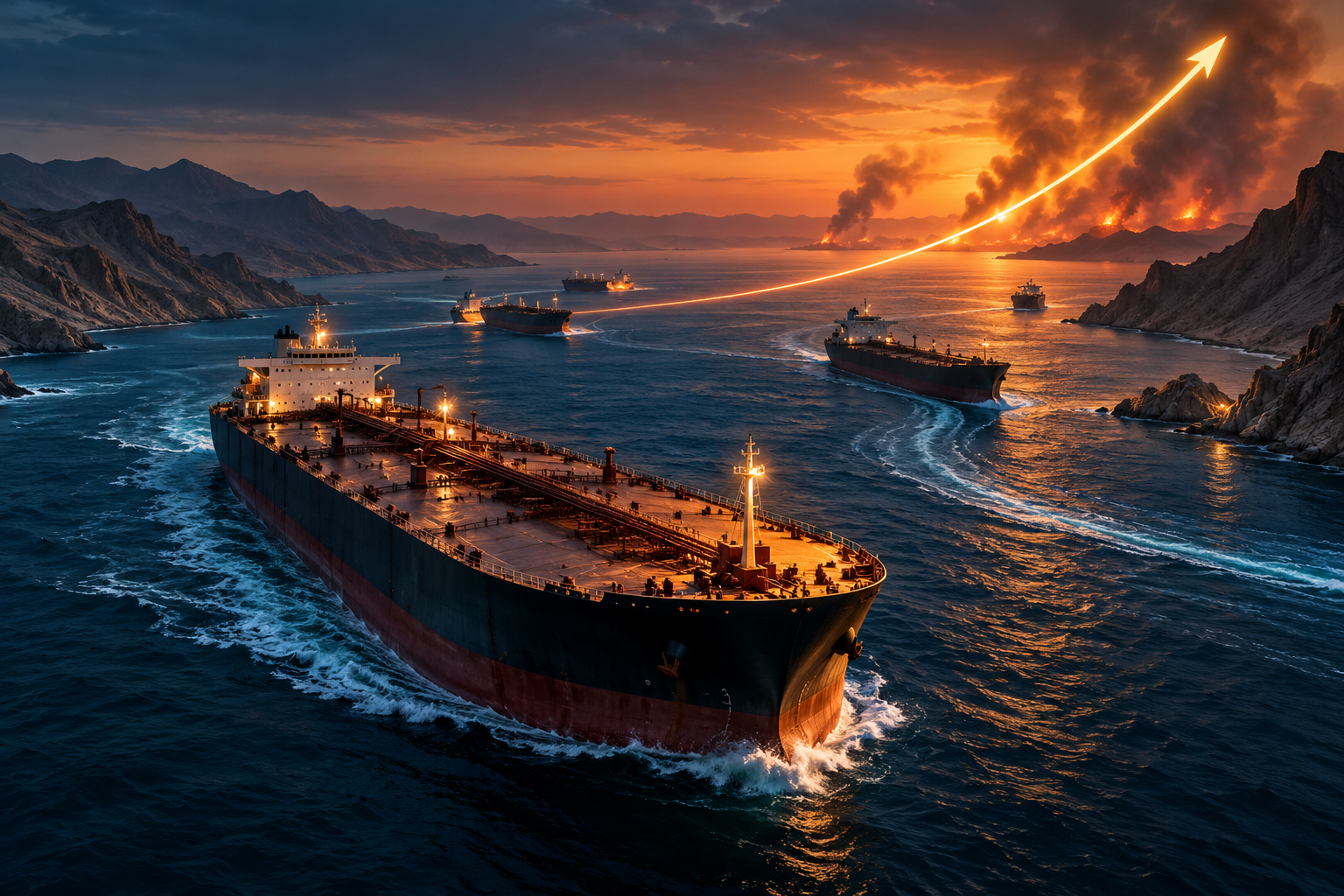 Editorial illustration of oil tankers navigating a tense strategic sea lane as an amber price arc rises above the horizon