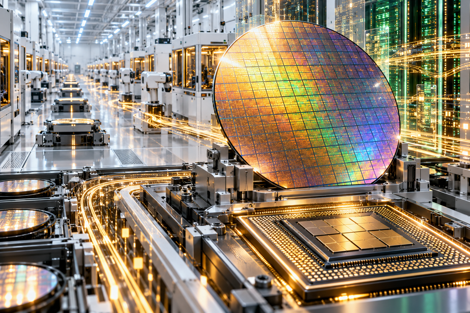 Conceptual editorial illustration of an advanced silicon wafer and processor inside a brightly lit semiconductor fabrication plant