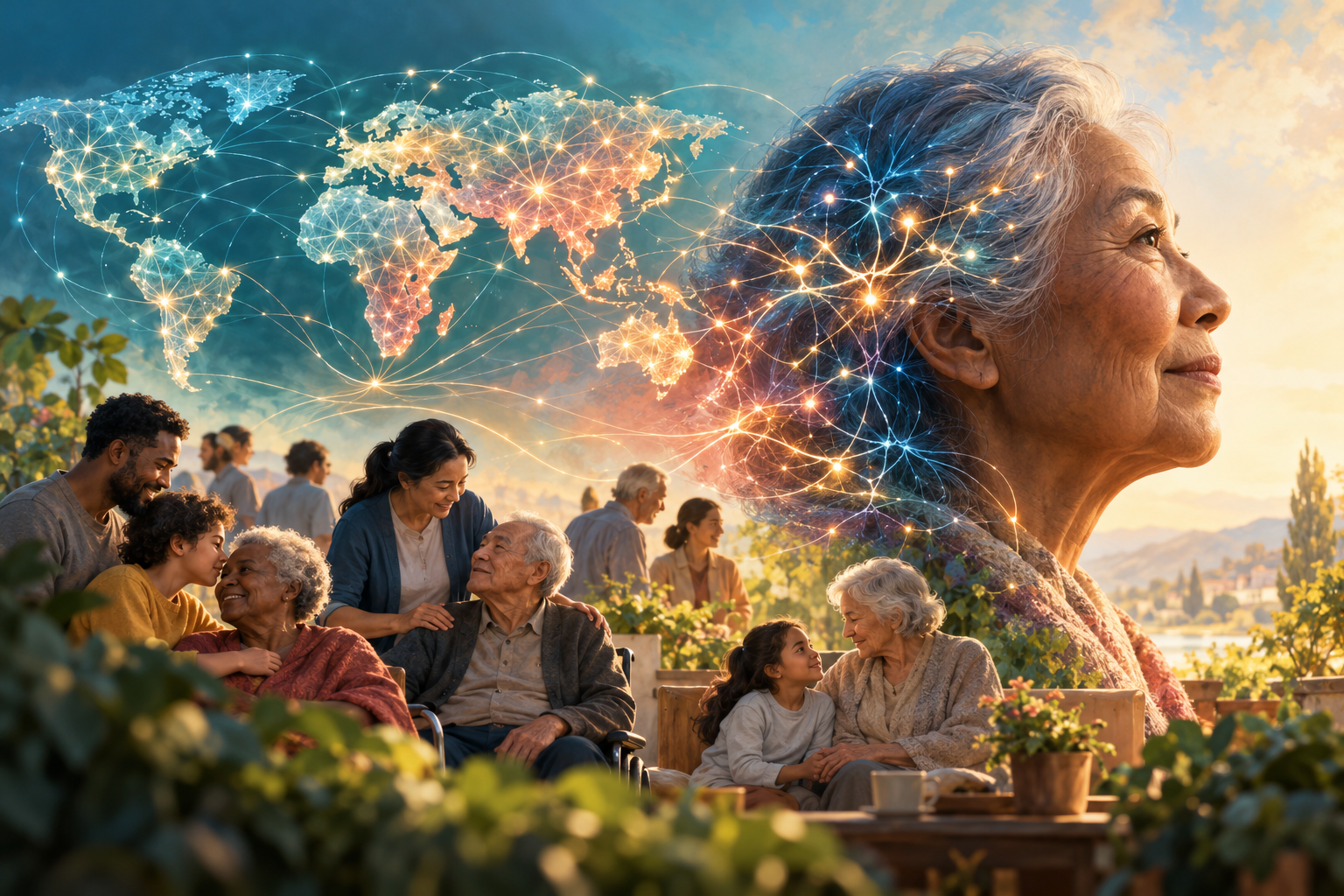 Humane editorial illustration of an older adult, families and a global care network connected by glowing neural pathways