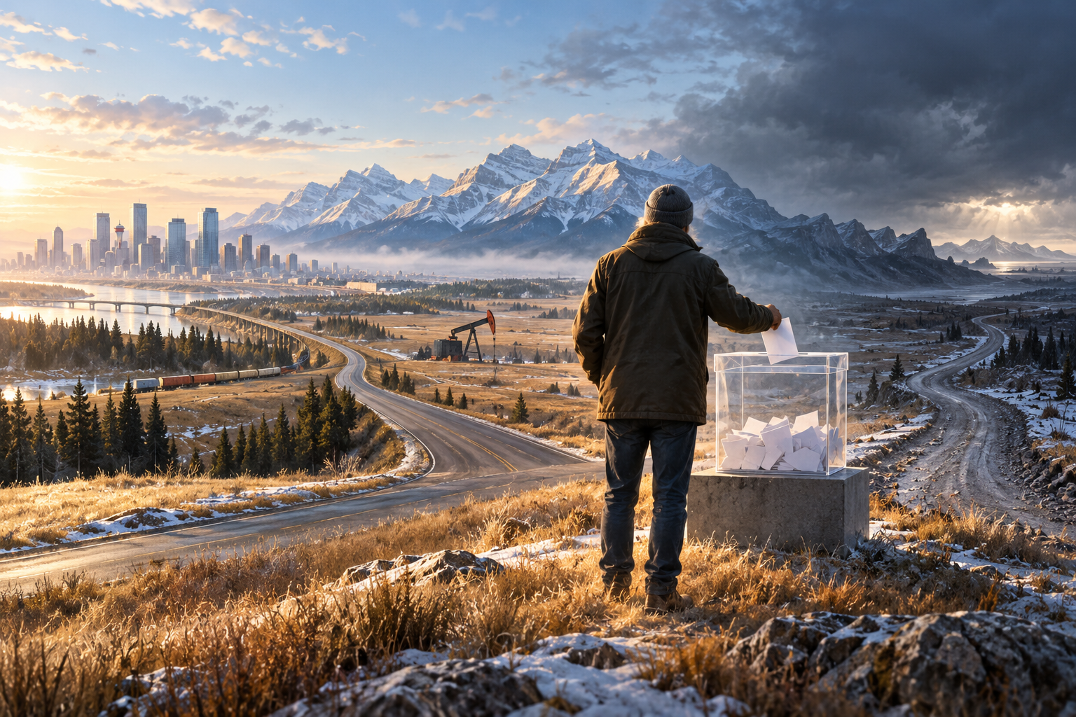Conceptual editorial illustration of an Alberta voter casting a ballot where a prairie road divides between connected and uncertain futures