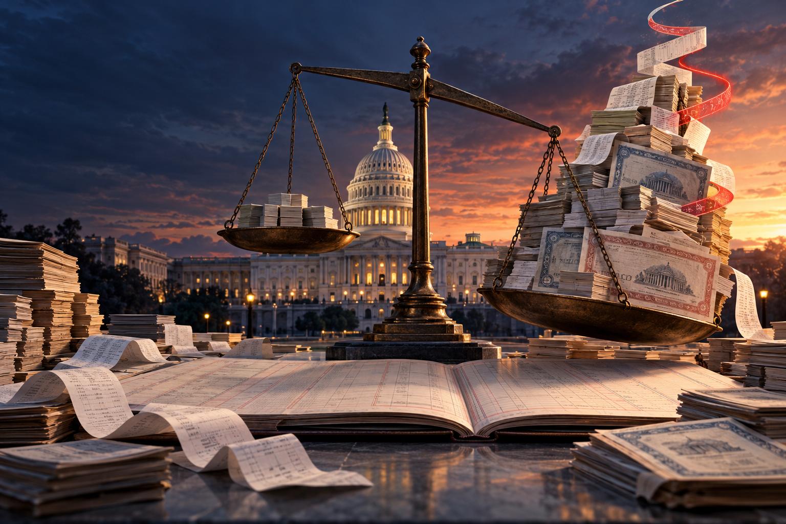 Conceptual financial illustration of the U.S. Capitol behind a debt scale weighed down by obligations and rising interest costs