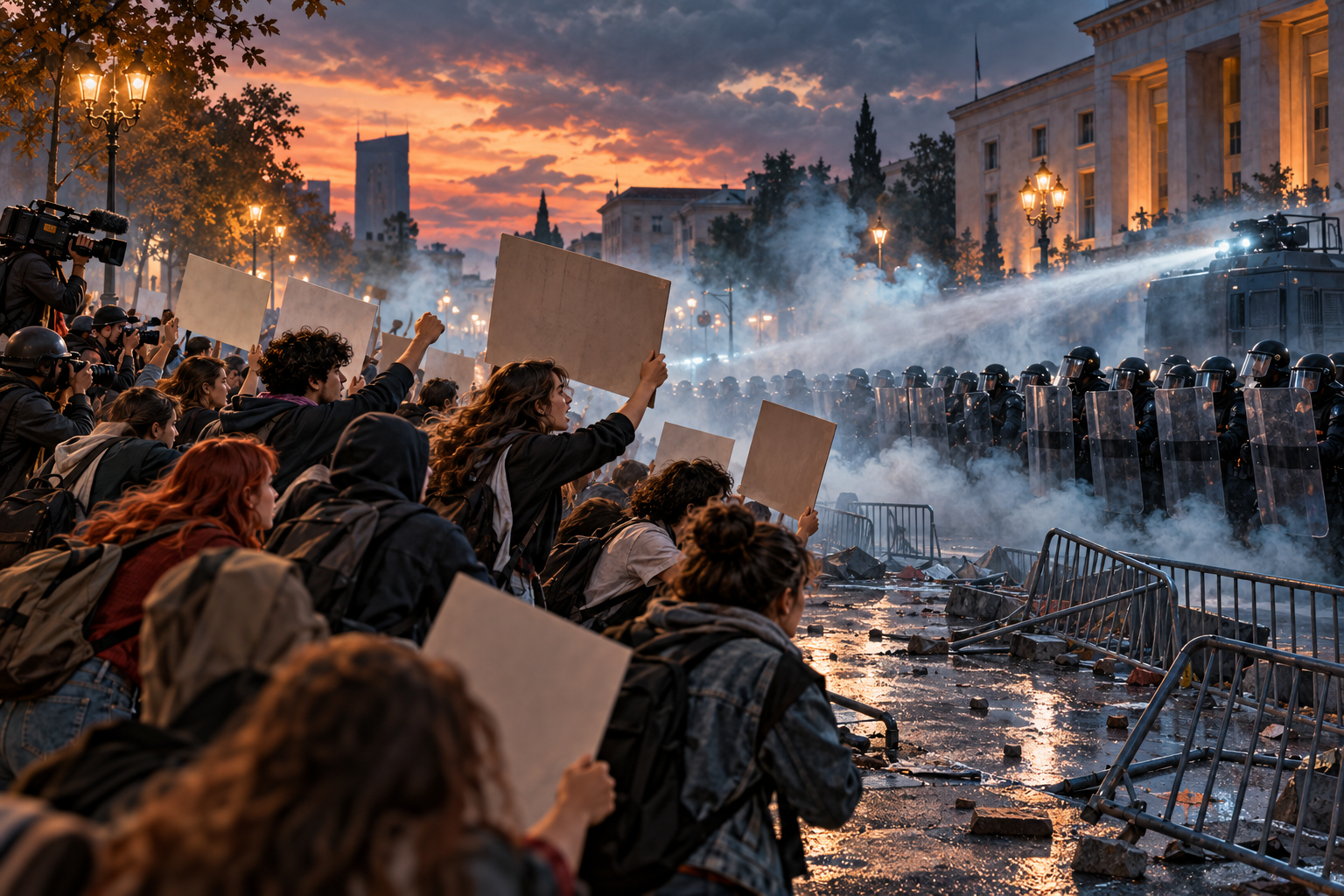 Editorial illustration of student protesters with blank placards facing riot police and water-cannon mist on a Tirana boulevard
