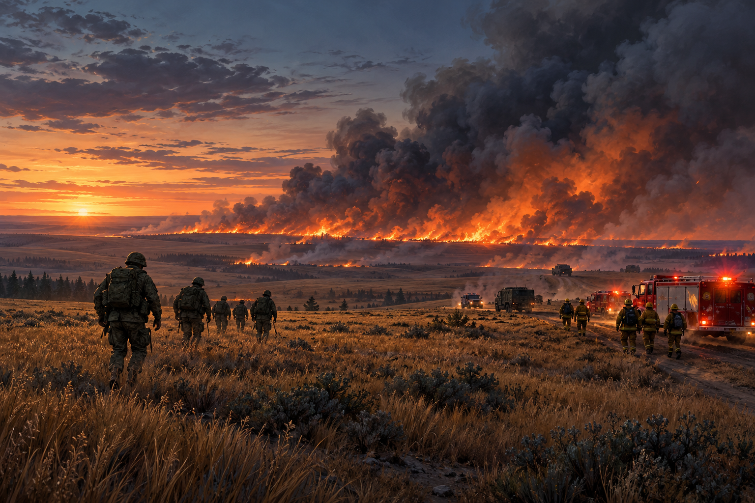 Editorial illustration of soldiers and emergency crews moving across an Alberta prairie as a fast-moving grass fire burns in the distance