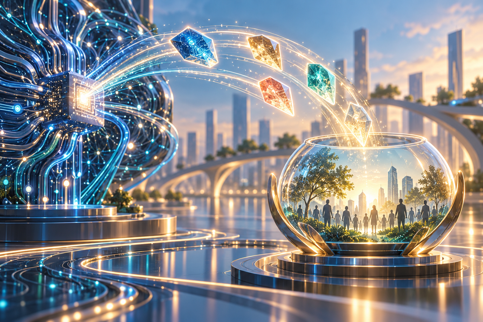 Conceptual editorial illustration of equity flowing from an artificial intelligence network into a transparent public-benefit fund