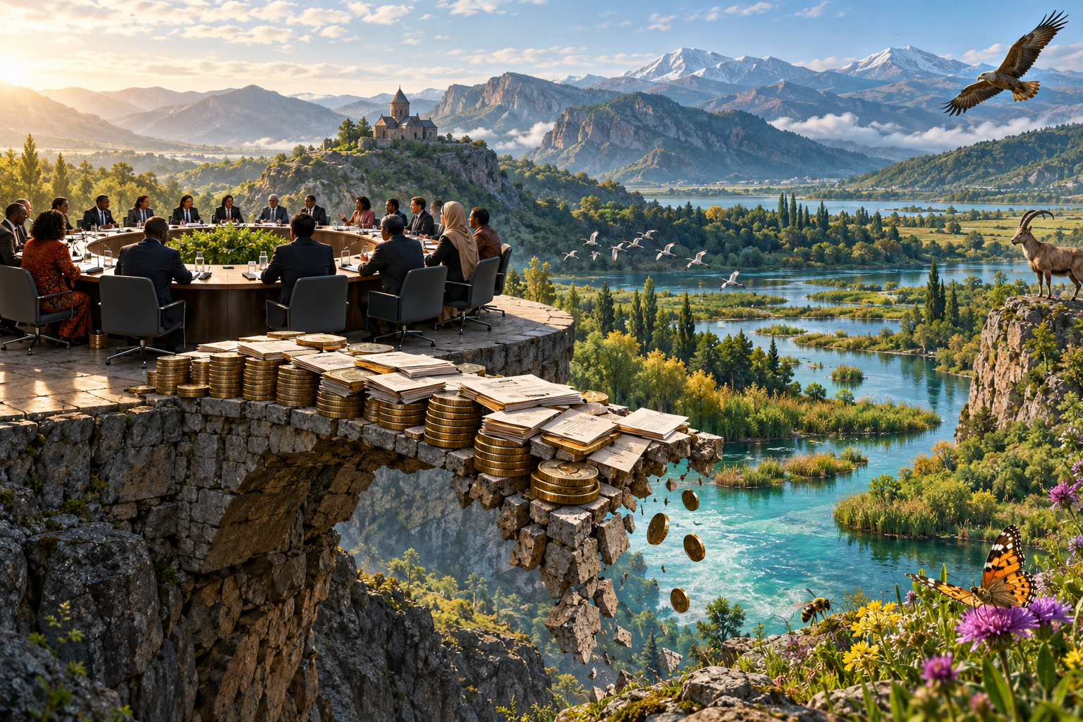 Editorial illustration of international delegates beside a broken bridge of conservation funding overlooking forests, wetlands and mountain wildlife