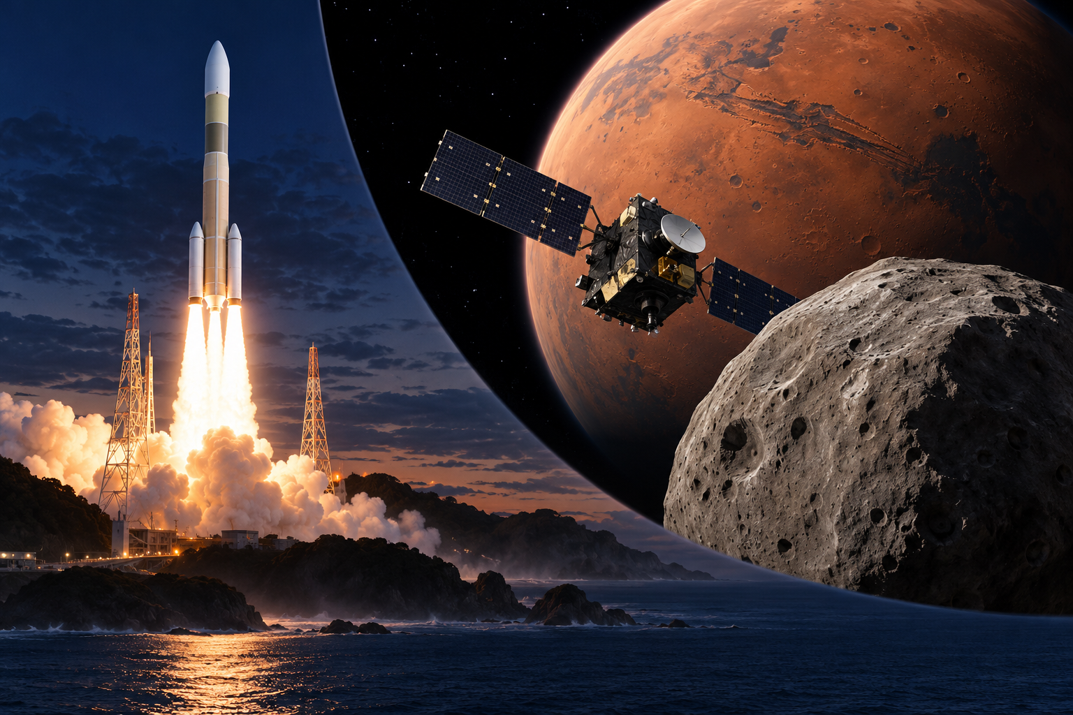 Editorial illustration of a rocket launch and the MMX spacecraft approaching Phobos with Mars behind it