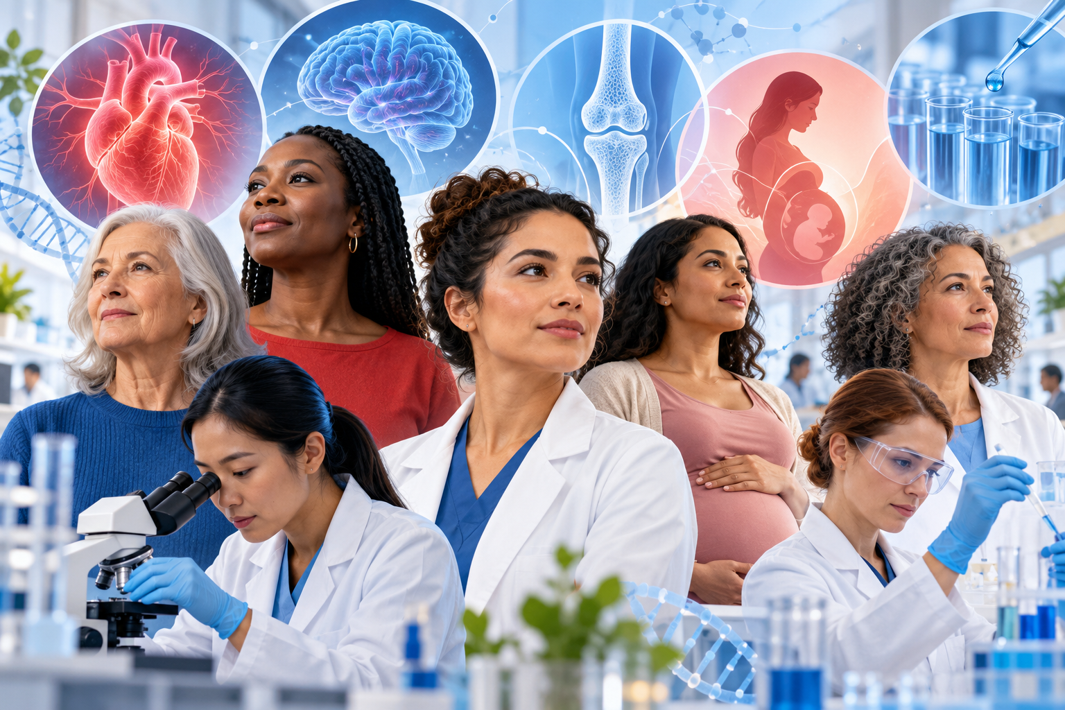 Editorial illustration of women across life stages alongside biomedical researchers and symbols for heart, brain, bone and maternal health