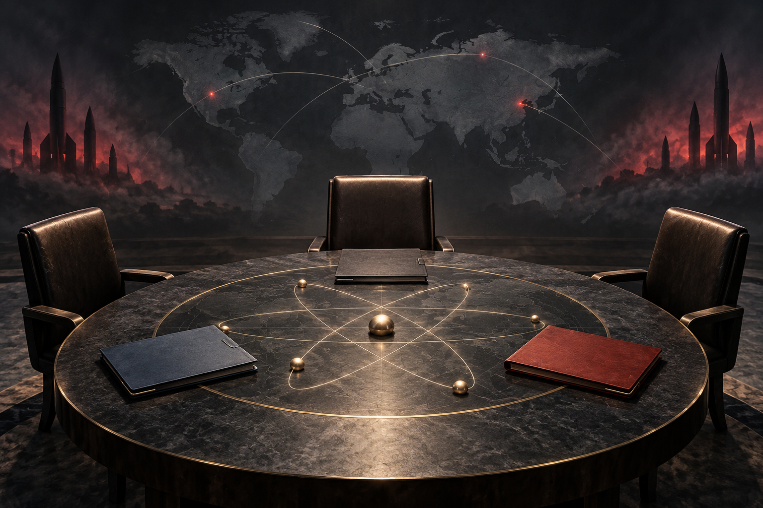 Conceptual editorial illustration of three empty chairs around a nuclear diplomacy table with a world map and missiles in shadow