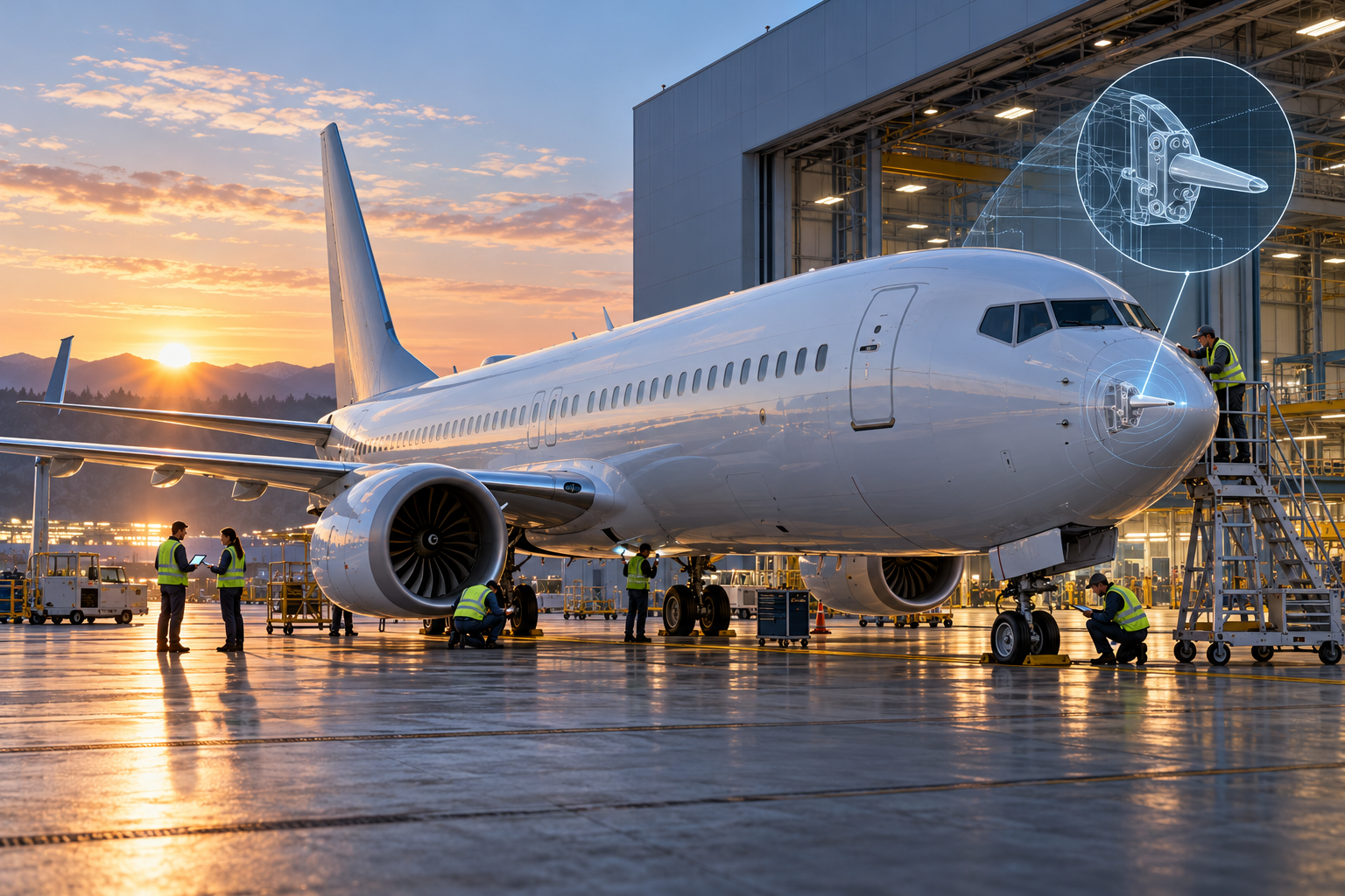 Editorial illustration of an unbranded passenger jet undergoing inspection beside an engineering diagram of its angle-of-attack sensor