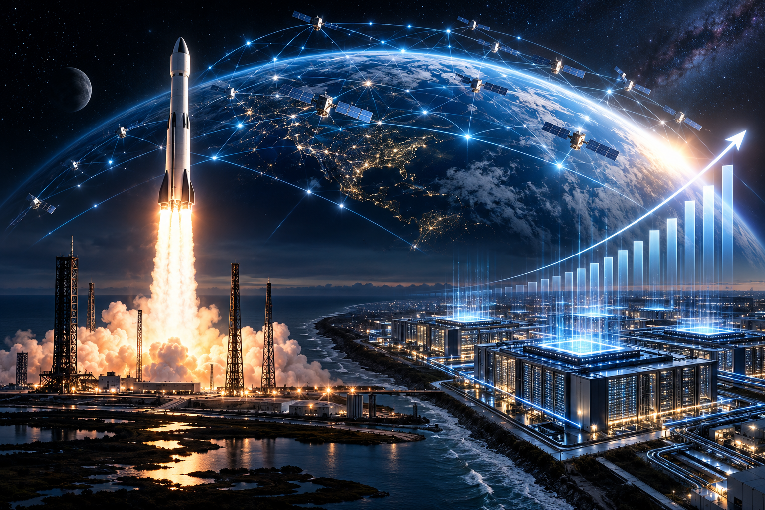 Conceptual editorial illustration of a reusable rocket, satellite network and artificial-intelligence data centers beside rising financial geometry