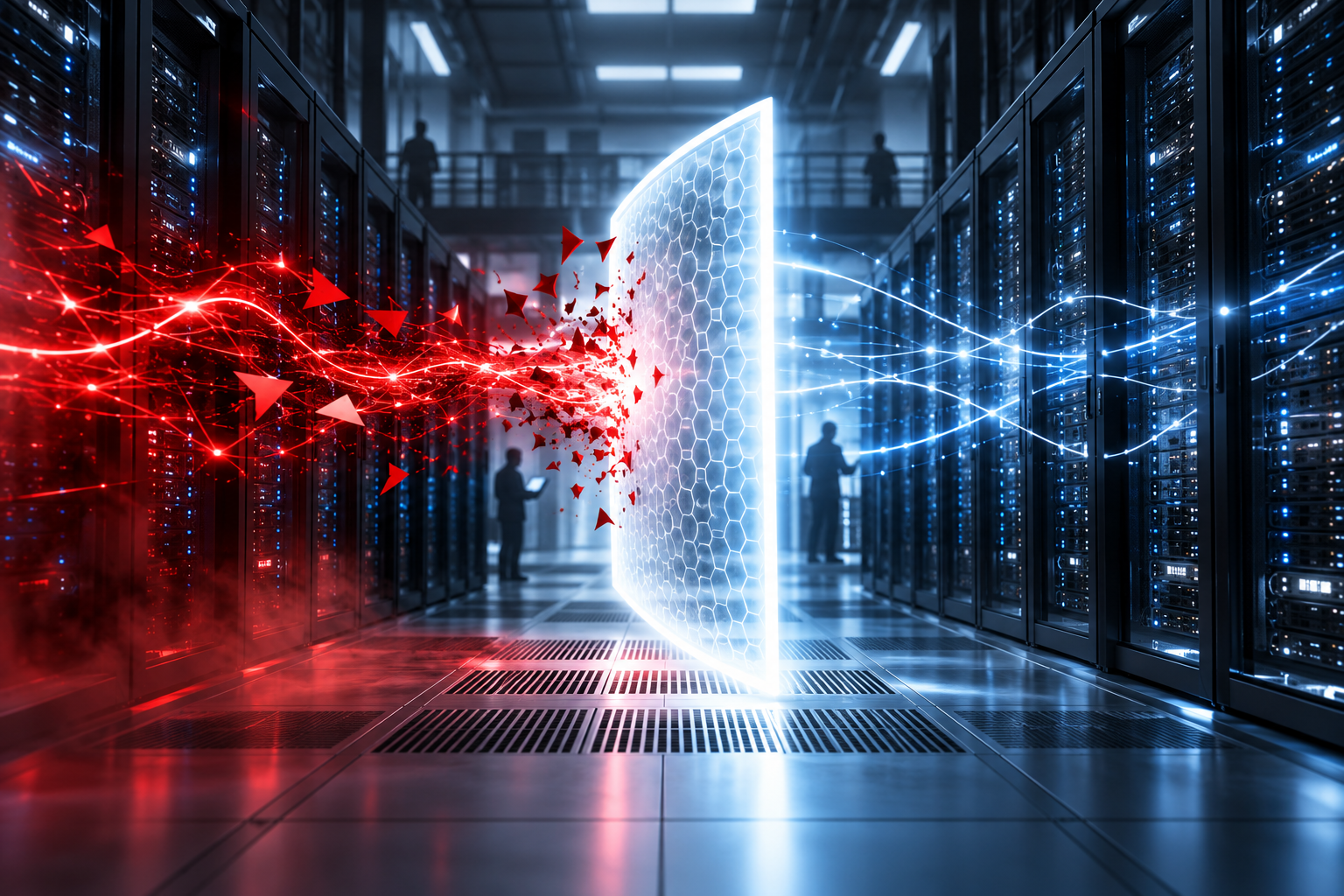 Conceptual editorial illustration of a red cyberattack striking a protective barrier inside a web server data center