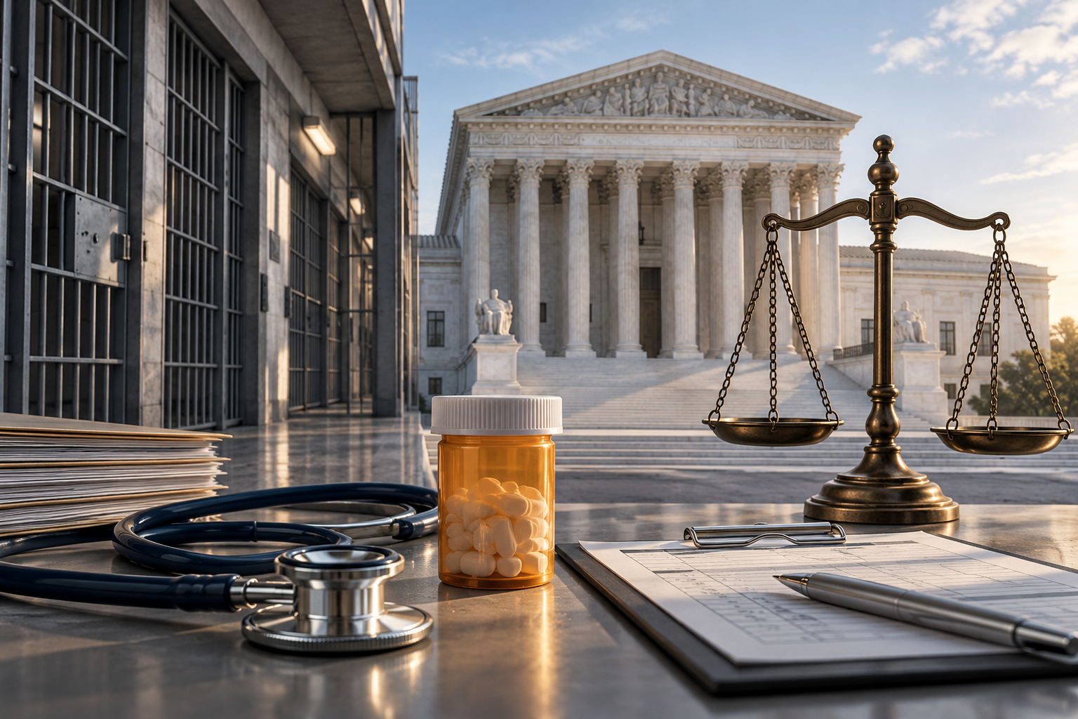 Conceptual editorial illustration of the Supreme Court, prison bars, balanced scales and medical-care objects